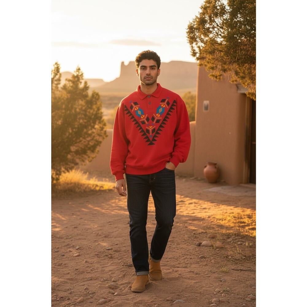 Vintage WEK Men's Red XL Red Henley Fleece Aztec Prints Long Sleeve Shirt Retro